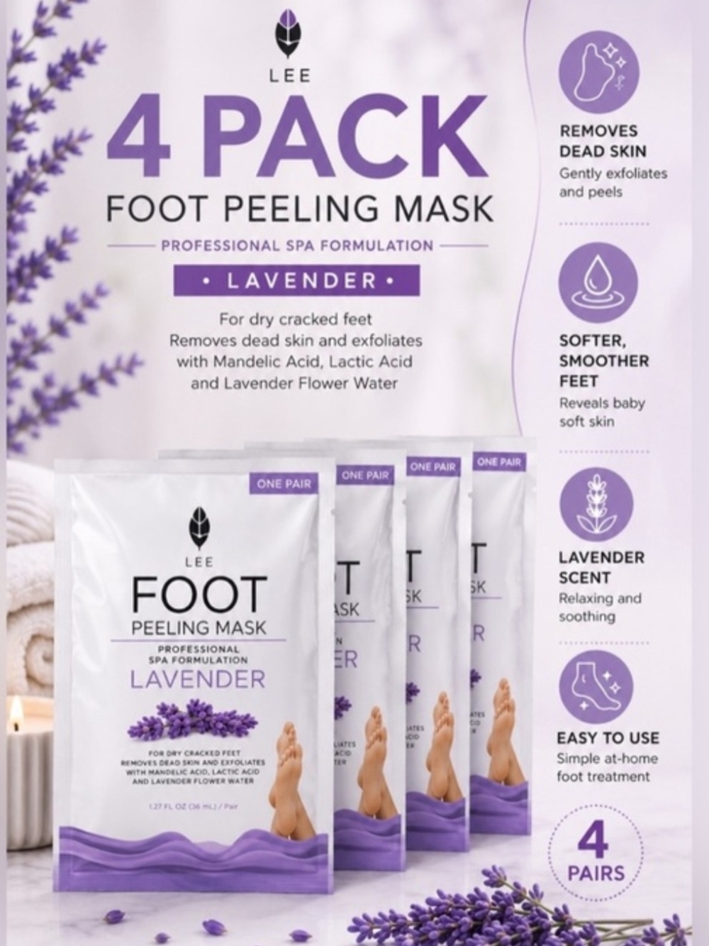 Foot Peeling Masks -Qty 4 Pairs- Lavendar Scented By LEE